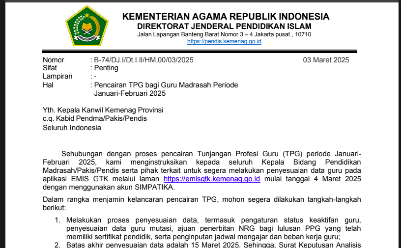 TPG Kemenag 2025 Cair Kapan? Segera Login emisgtk.kemenag.go.id Pencairan TPG Januari-Februari 2025