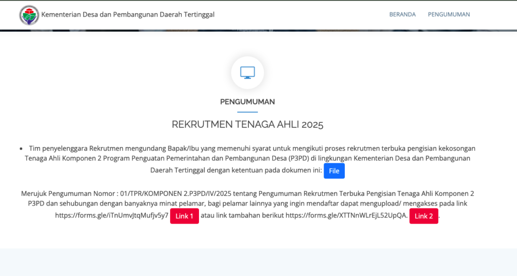Rekrutmen Terbuka Posisi Tenaga Ahli P3PD Cek rekrutmenp3pd.kemendesa.go.id Ini Syarat dan Jadwalnya