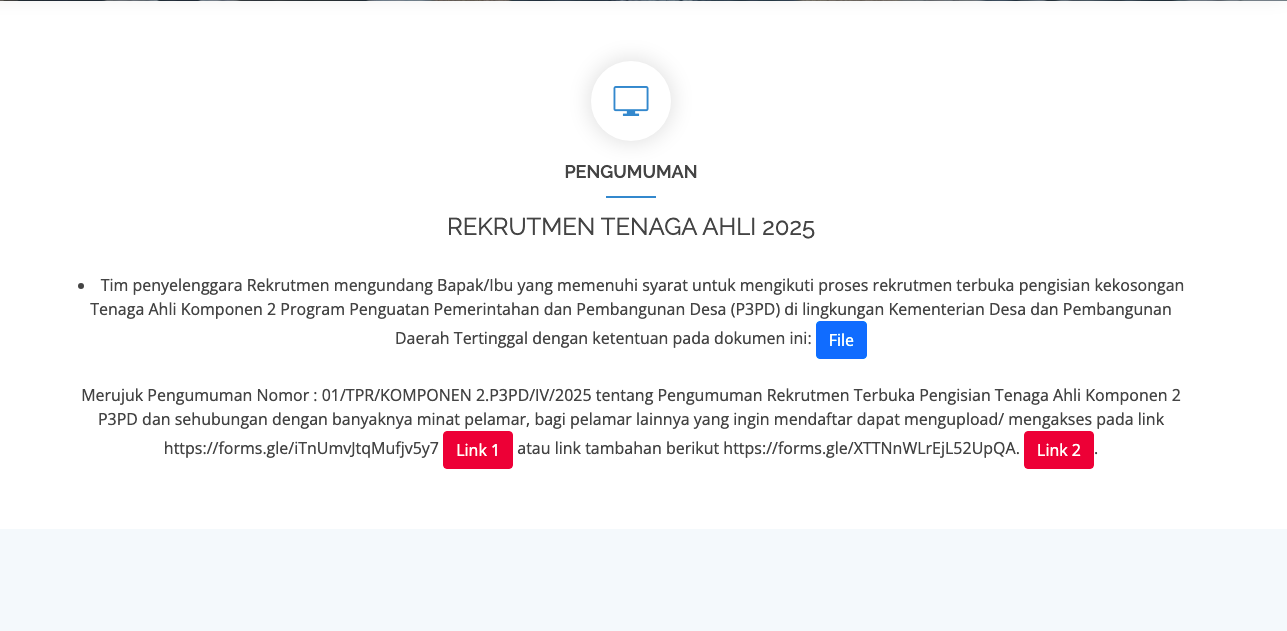 PENGUMUMAN Hasil Seleksi Administrasi Rekrutmen Tenaga Ahli (P3PD) Kemendesa Tahun 2025